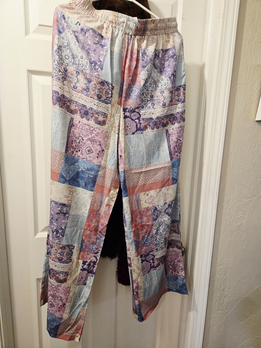 Wide Leg Patchwork Print Pants in Lavender & Coral